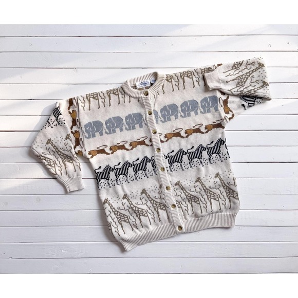 vtg Jayson‎ Younger safari animal hand knit cotton cardigan sweater